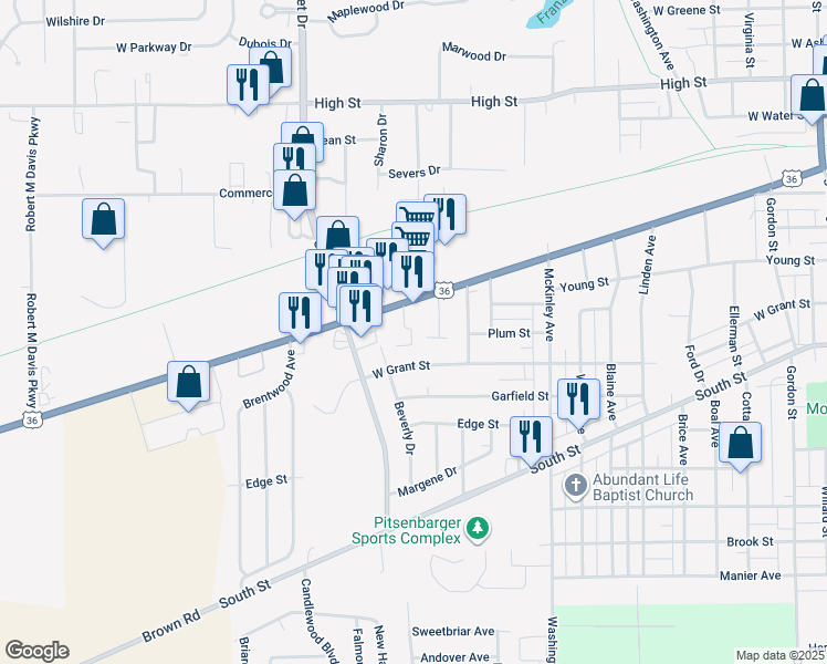map of restaurants, bars, coffee shops, grocery stores, and more near 1435 Covington Avenue in Piqua