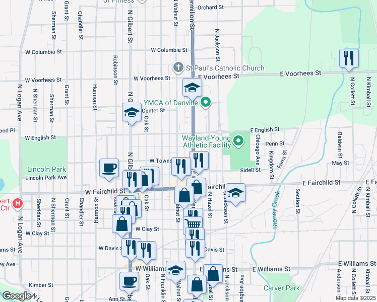 map of restaurants, bars, coffee shops, grocery stores, and more near 1017-1047 North Vermilion Street in Danville