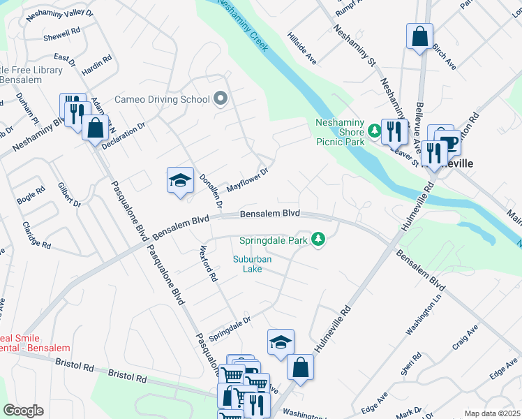 map of restaurants, bars, coffee shops, grocery stores, and more near 3106 Victoria Court in Bensalem