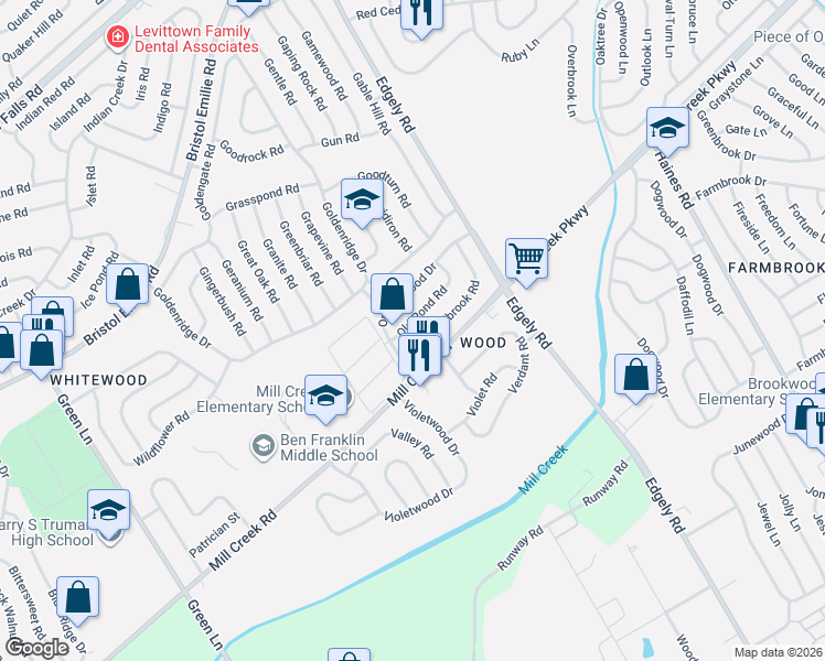 map of restaurants, bars, coffee shops, grocery stores, and more near 17 Old Pond Road in Levittown