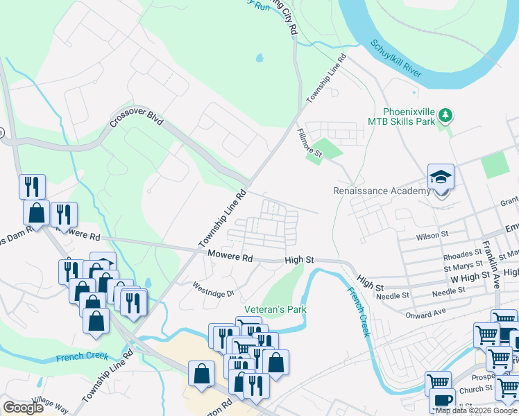 map of restaurants, bars, coffee shops, grocery stores, and more near 925 Township Line Road in Phoenixville