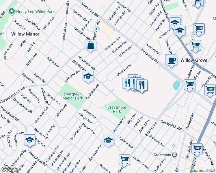 map of restaurants, bars, coffee shops, grocery stores, and more near 2621 Old Welsh Road in Willow Grove
