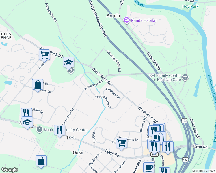 map of restaurants, bars, coffee shops, grocery stores, and more near 274 Black Rock Road in Collegeville
