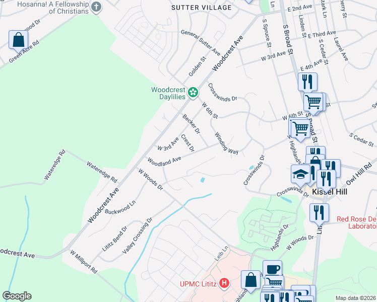 map of restaurants, bars, coffee shops, grocery stores, and more near 2 Crest Drive in Lititz