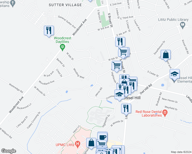 map of restaurants, bars, coffee shops, grocery stores, and more near 456 Crosswinds Drive in Lititz