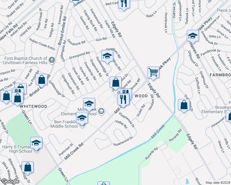 map of restaurants, bars, coffee shops, grocery stores, and more near 17 Old Pond Road in Levittown