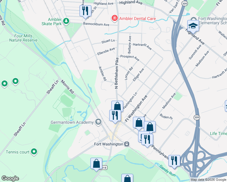 map of restaurants, bars, coffee shops, grocery stores, and more near 212 North Bethlehem Pike in Fort Washington