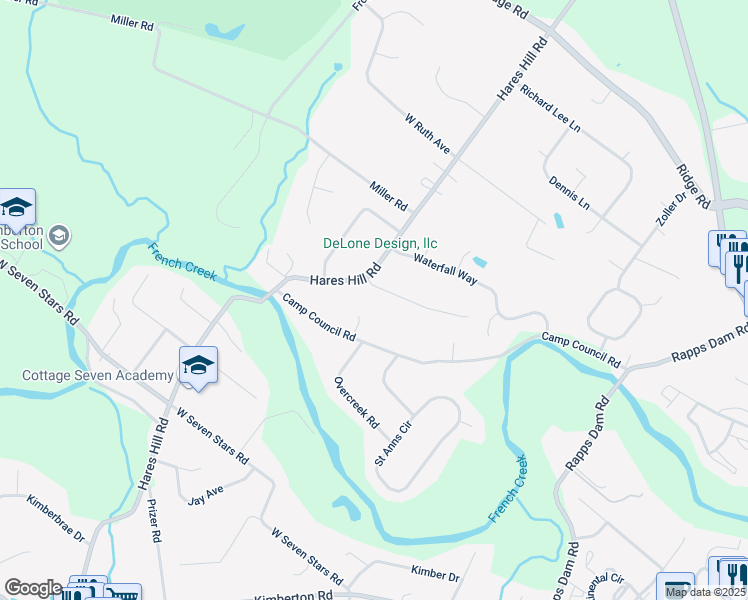 map of restaurants, bars, coffee shops, grocery stores, and more near 166 Silver Springs Road in Phoenixville