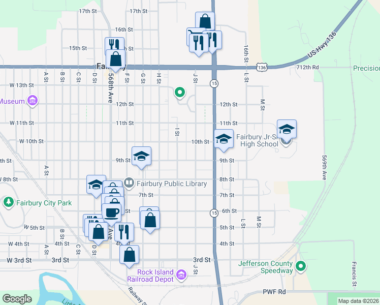 map of restaurants, bars, coffee shops, grocery stores, and more near 927 J Street in Fairbury