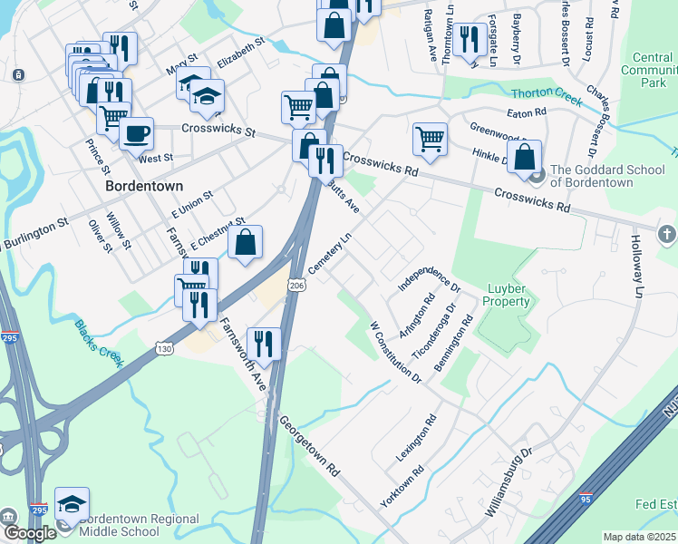 map of restaurants, bars, coffee shops, grocery stores, and more near 3 Roberts Court in Bordentown