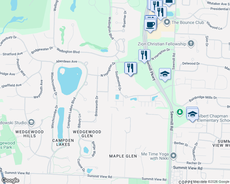 map of restaurants, bars, coffee shops, grocery stores, and more near 10758 Southwind Drive in Powell