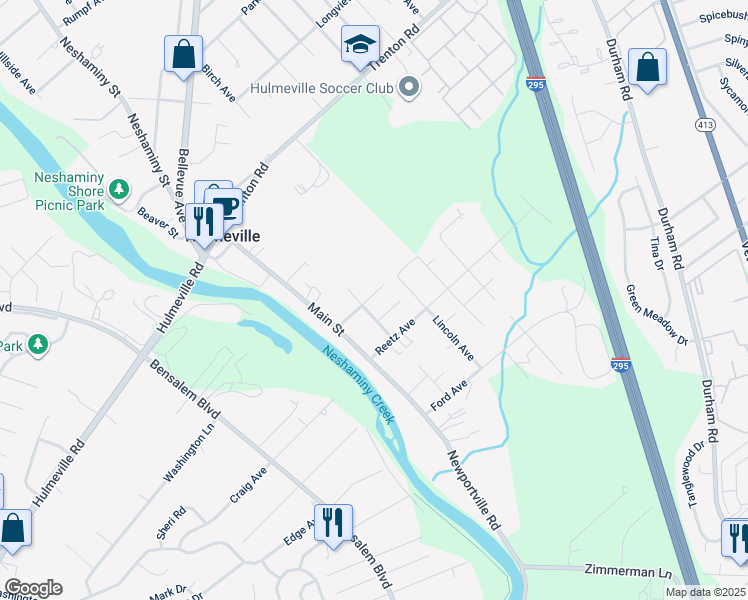 map of restaurants, bars, coffee shops, grocery stores, and more near 204 Pennsylvania Avenue in Hulmeville