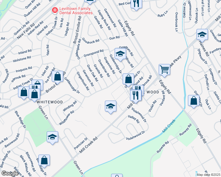 map of restaurants, bars, coffee shops, grocery stores, and more near 116 Goldenridge Drive in Levittown
