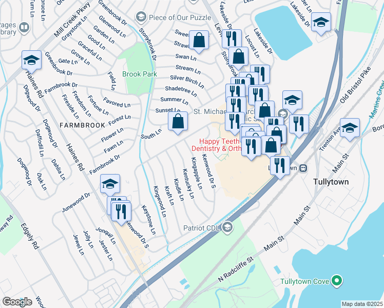 map of restaurants, bars, coffee shops, grocery stores, and more near 77 Kingapple Lane in Levittown