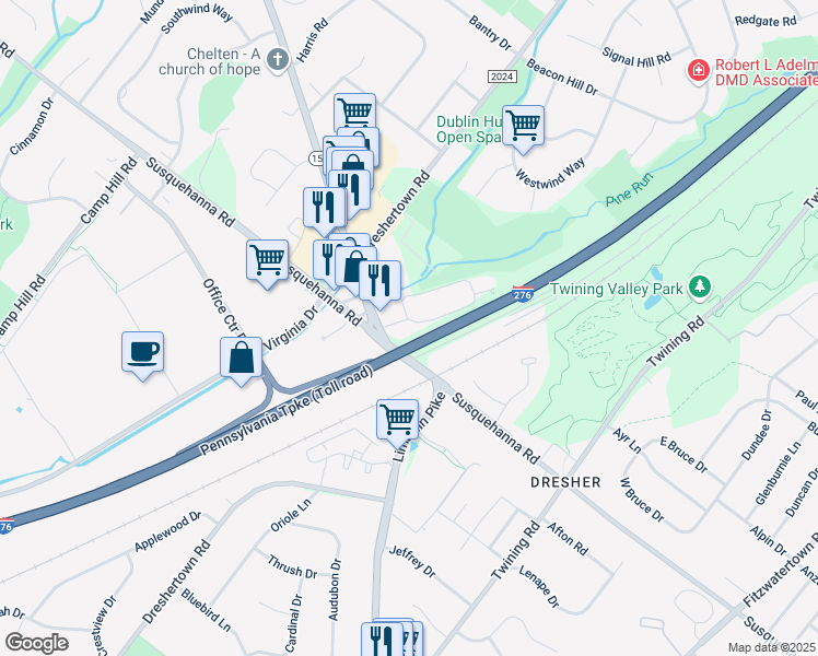 map of restaurants, bars, coffee shops, grocery stores, and more near 111 Dresher Woods Drive in Montgomery County