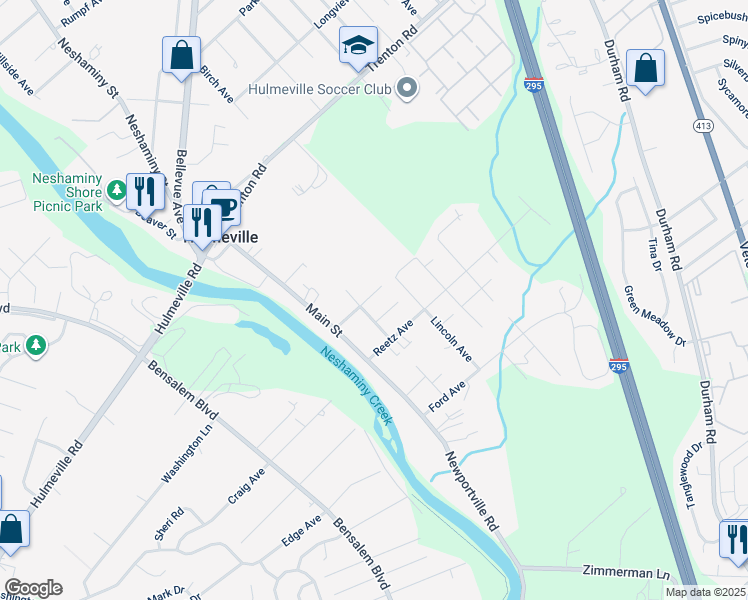 map of restaurants, bars, coffee shops, grocery stores, and more near 204 Pennsylvania Avenue in Hulmeville