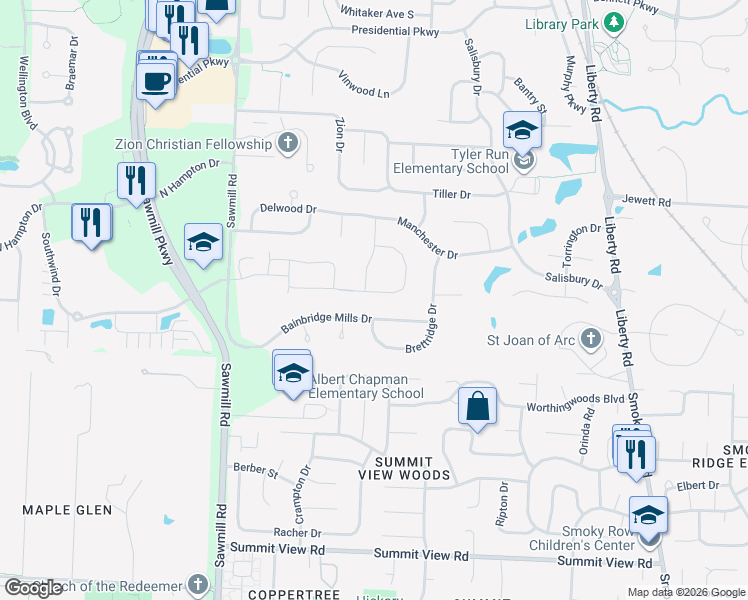 map of restaurants, bars, coffee shops, grocery stores, and more near 10618 Stoneham Drive in Powell