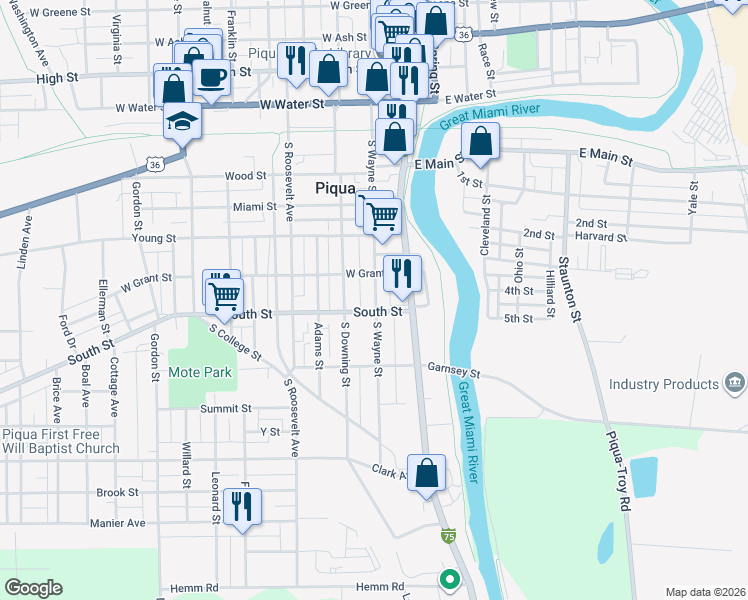 map of restaurants, bars, coffee shops, grocery stores, and more near 511 South Downing Street in Piqua