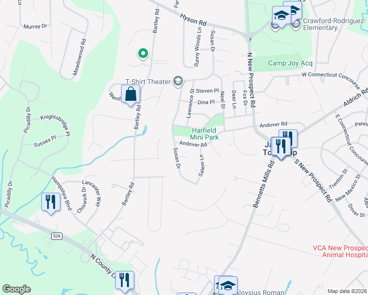 map of restaurants, bars, coffee shops, grocery stores, and more near 130 Andover Road in Jackson Township