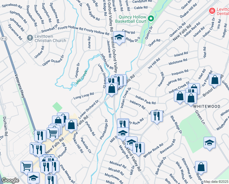 map of restaurants, bars, coffee shops, grocery stores, and more near New Falls Rd & Bristol Oxford Valley Rd in Levittown