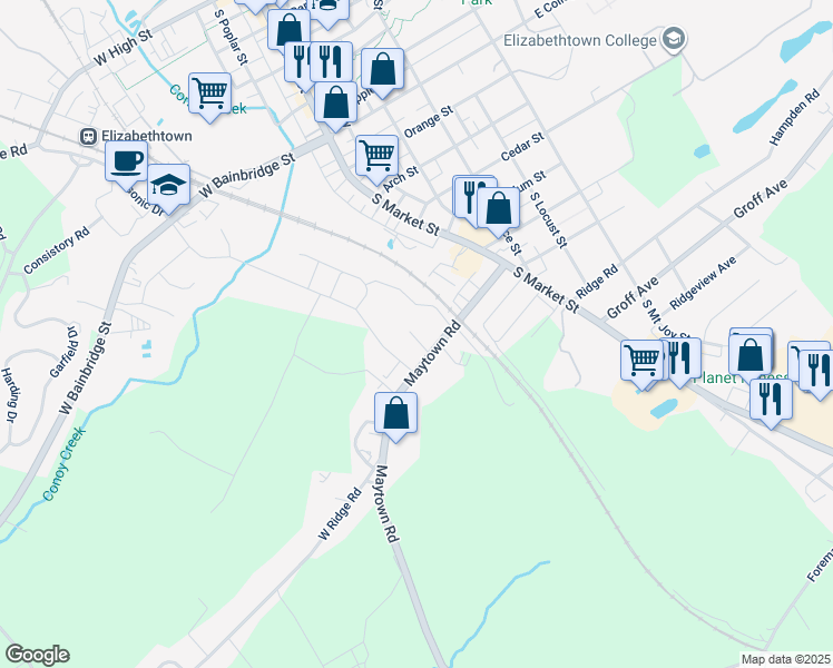 map of restaurants, bars, coffee shops, grocery stores, and more near 121 Maytown Road in Elizabethtown