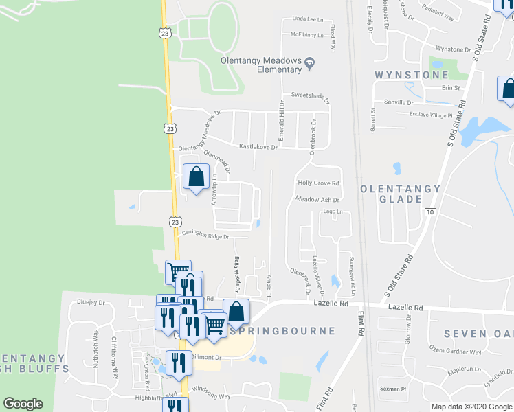 map of restaurants, bars, coffee shops, grocery stores, and more near 9952 Arnold Place in Columbus