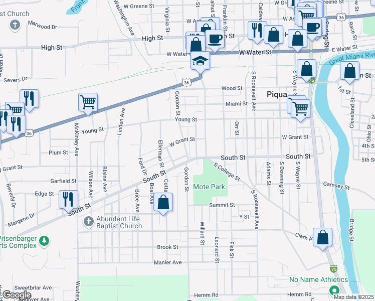map of restaurants, bars, coffee shops, grocery stores, and more near 520 Gordon Street in Piqua