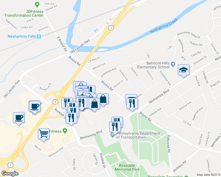 map of restaurants, bars, coffee shops, grocery stores, and more near 3779 Bristol Rd in Bucks