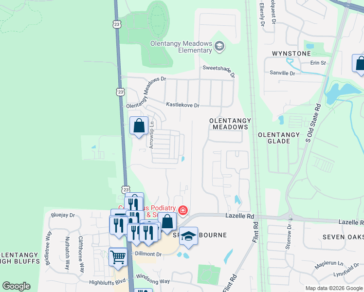 map of restaurants, bars, coffee shops, grocery stores, and more near 9952 Arnold Place in Columbus