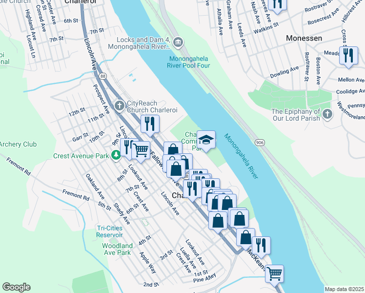 map of restaurants, bars, coffee shops, grocery stores, and more near 90 Chamber Plaza in Charleroi