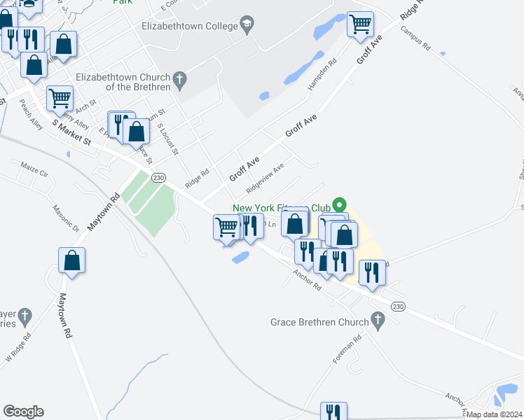 map of restaurants, bars, coffee shops, grocery stores, and more near 1 Briarcliff Road in Elizabethtown