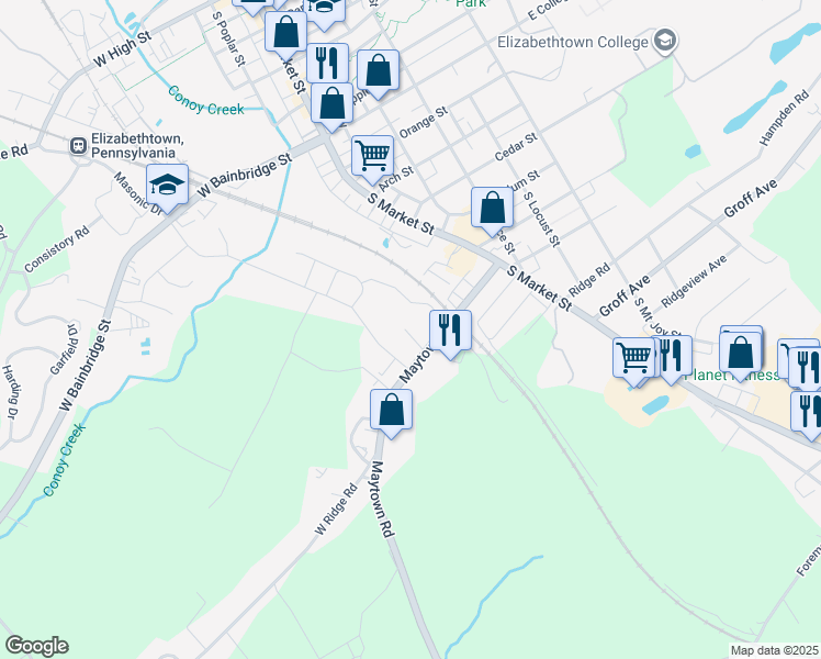 map of restaurants, bars, coffee shops, grocery stores, and more near 121 Maytown Road in Elizabethtown