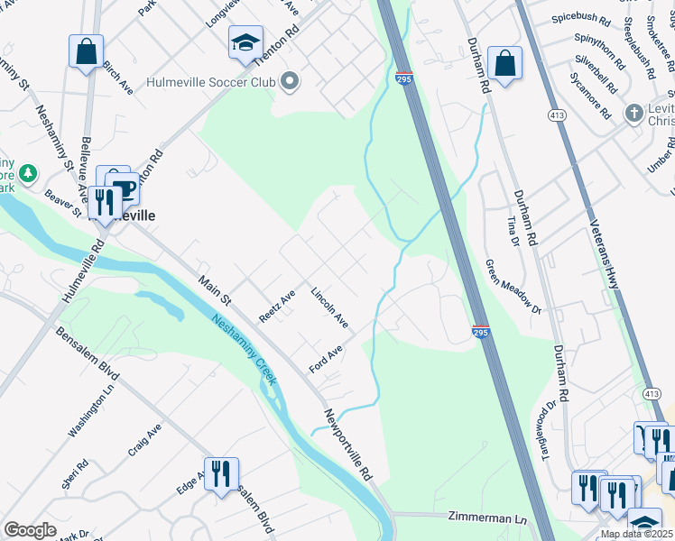 map of restaurants, bars, coffee shops, grocery stores, and more near 531 McKinley Street in Hulmeville