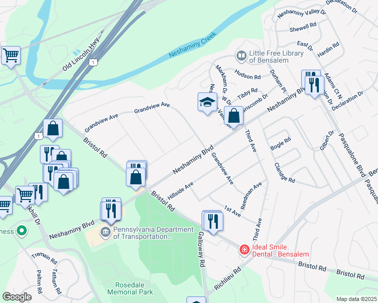 map of restaurants, bars, coffee shops, grocery stores, and more near 4802 Neshaminy Boulevard in Bucks County