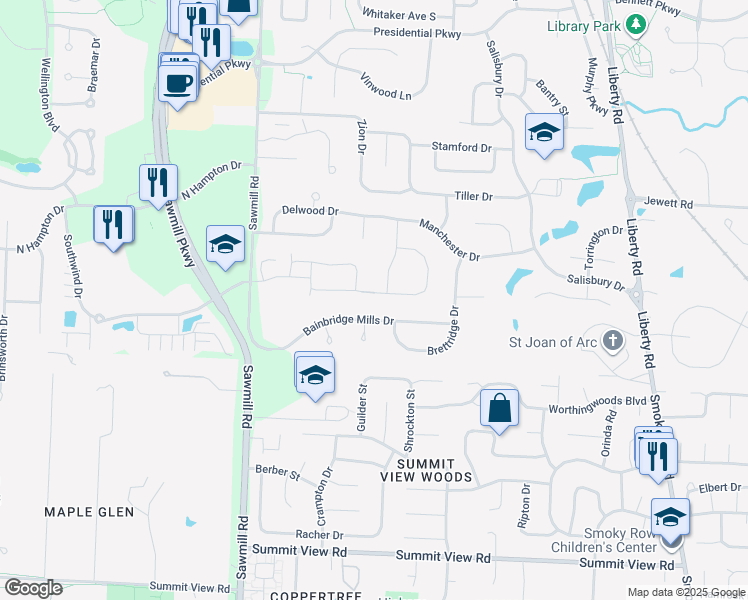 map of restaurants, bars, coffee shops, grocery stores, and more near 3749 Waterbury Lane in Powell