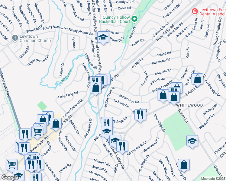 map of restaurants, bars, coffee shops, grocery stores, and more near 76 Indian Creek Drive in Levittown