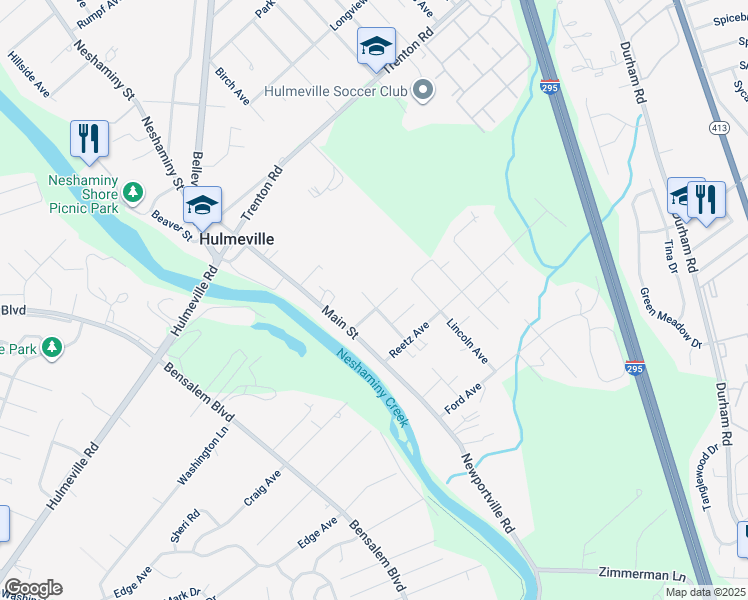 map of restaurants, bars, coffee shops, grocery stores, and more near 335 Washington Avenue in Hulmeville