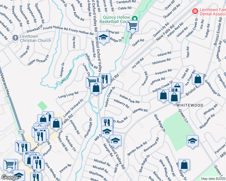 map of restaurants, bars, coffee shops, grocery stores, and more near 76 Indian Creek Drive in Levittown