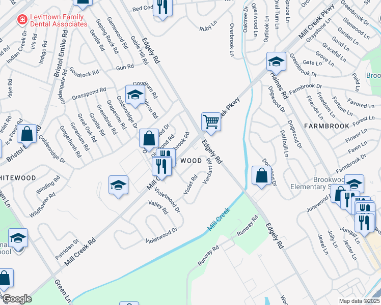 map of restaurants, bars, coffee shops, grocery stores, and more near 7012 Mill Creek Road in Levittown