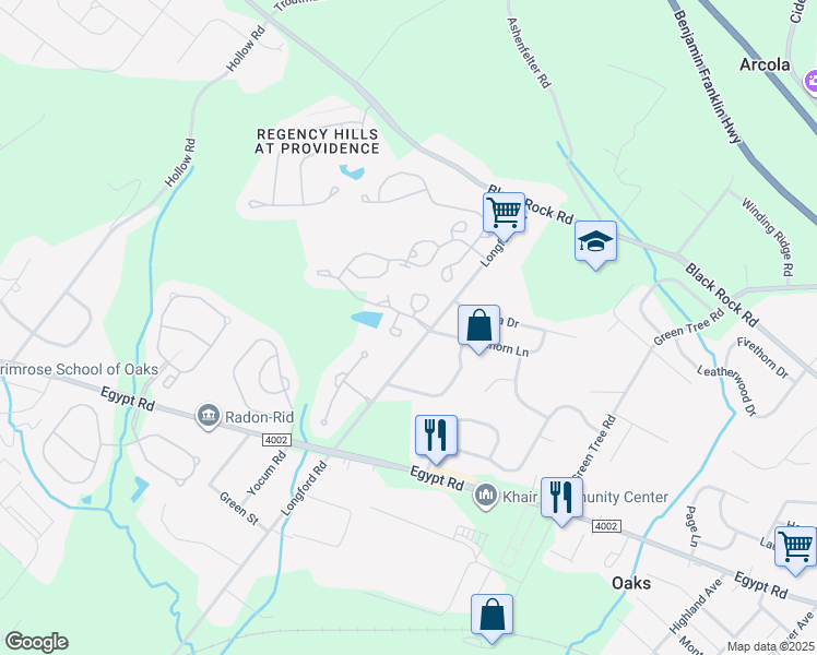 map of restaurants, bars, coffee shops, grocery stores, and more near 52 Sheffield Court in Collegeville