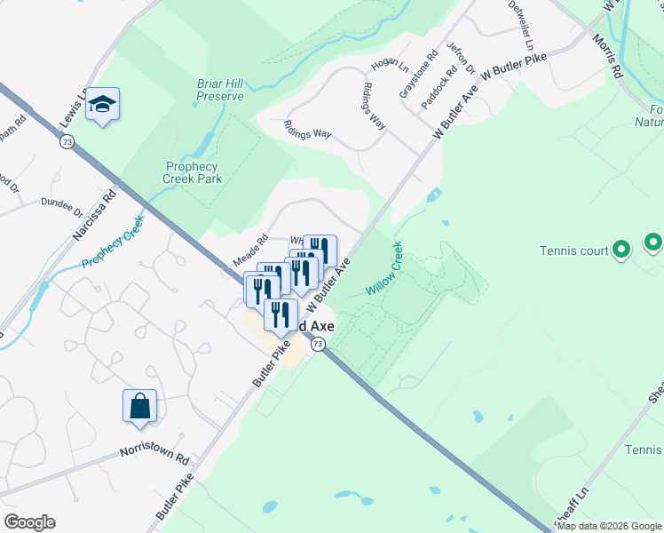 map of restaurants, bars, coffee shops, grocery stores, and more near 2 Whitpain Drive in Ambler