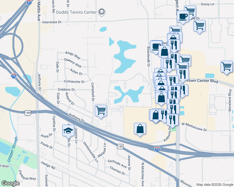 map of restaurants, bars, coffee shops, grocery stores, and more near 1155 Baytowne Drive in Champaign