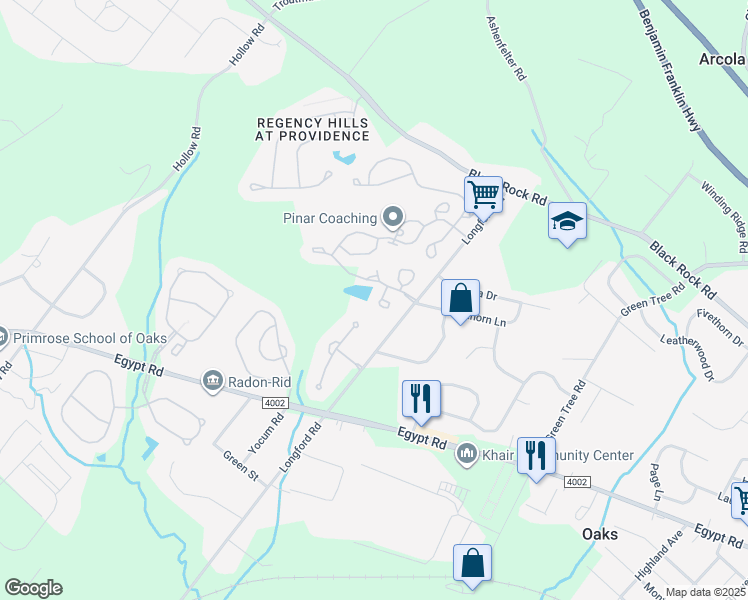 map of restaurants, bars, coffee shops, grocery stores, and more near 36 Sheffield Court in Collegeville