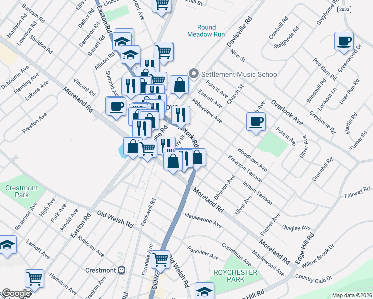 map of restaurants, bars, coffee shops, grocery stores, and more near 34 Old York Road in Willow Grove