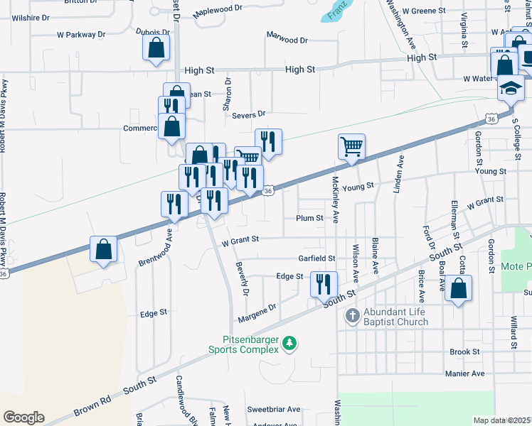 map of restaurants, bars, coffee shops, grocery stores, and more near 1345 Covington Avenue in Piqua