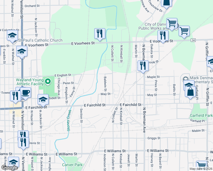map of restaurants, bars, coffee shops, grocery stores, and more near 1000-1098 Baldwin Street in Danville