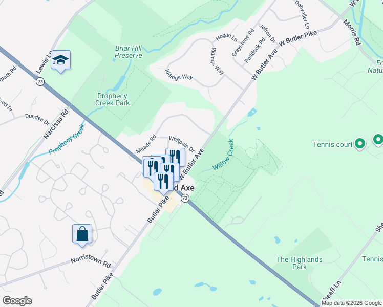 map of restaurants, bars, coffee shops, grocery stores, and more near 2 Whitpain Drive in Ambler