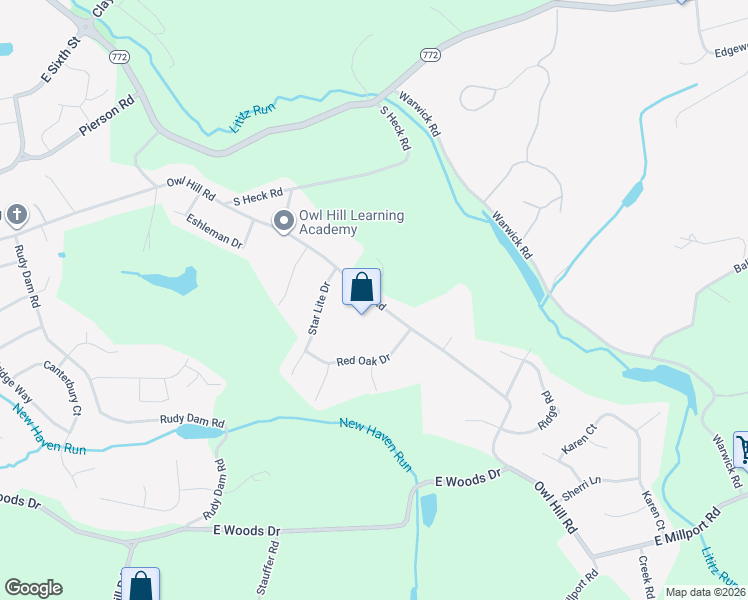 map of restaurants, bars, coffee shops, grocery stores, and more near 599 Owl Hill Road in Lititz