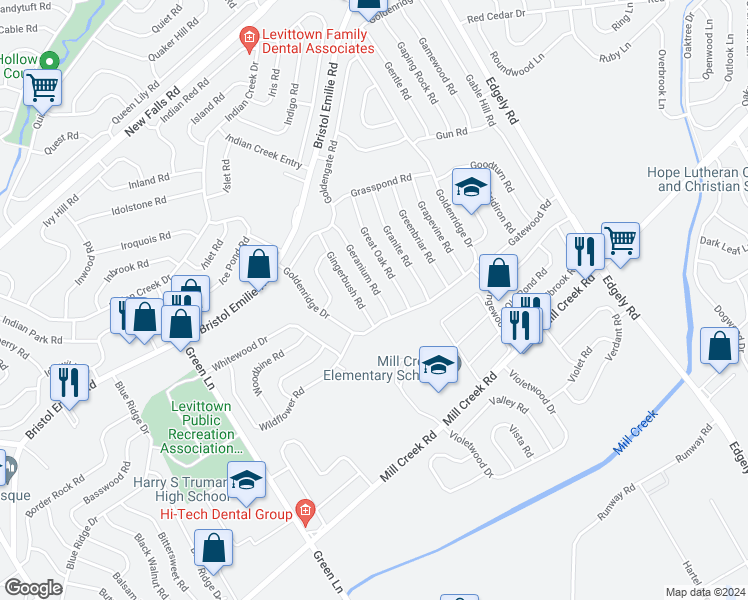 map of restaurants, bars, coffee shops, grocery stores, and more near 11 Geranium Road in Levittown