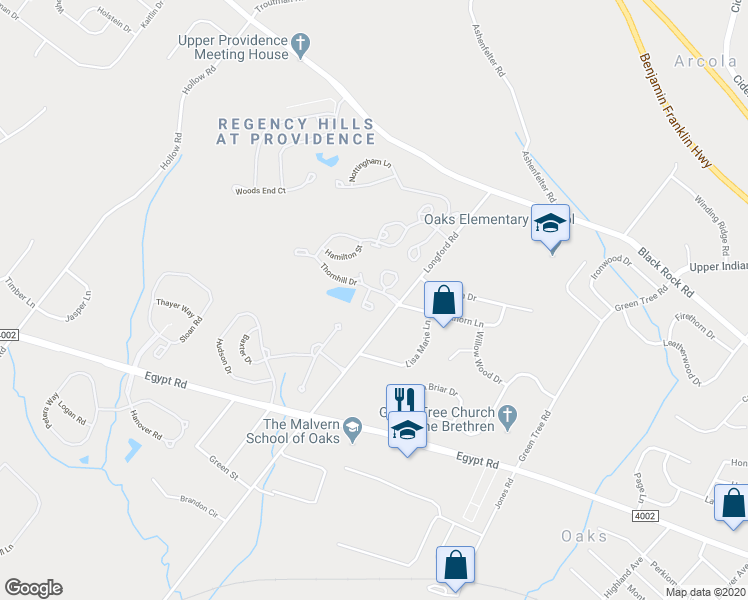 map of restaurants, bars, coffee shops, grocery stores, and more near 52 Sheffield Court in Collegeville